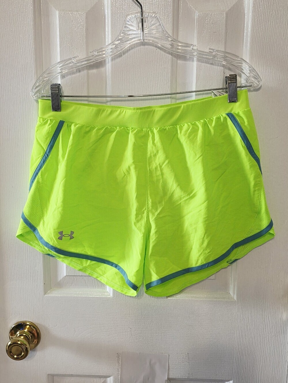 Under Armour Women's Neon Lime Athletic Running Shorts Teal Trim Medium